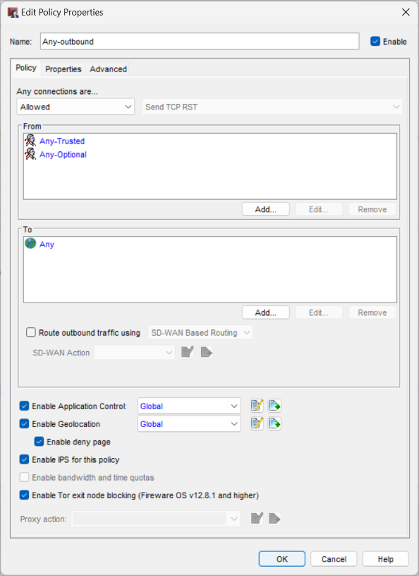 Screen shot of the Edit Policy Properties dialog box for the Any-outbound policy