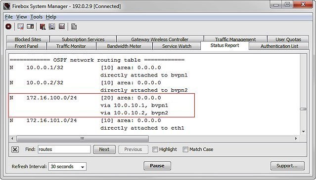 Screen shot of the OSPF routing table