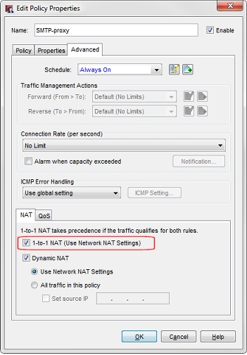 Screen shot of the Edit Policy Properties dialog box for the SMTP-proxy policy, Advanced tab