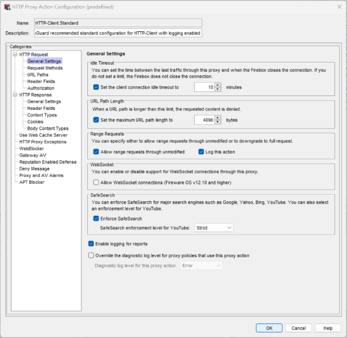 Screen shot of the HTTP Proxy Action Configuration dialog box