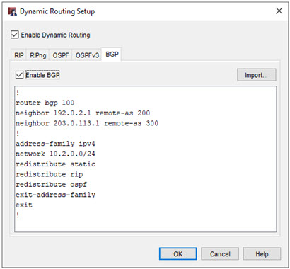 Screen shot of the BGP tab, with an imported configuration file