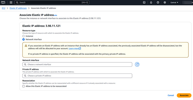 Screen shot of the Associate Elastic IP Address page