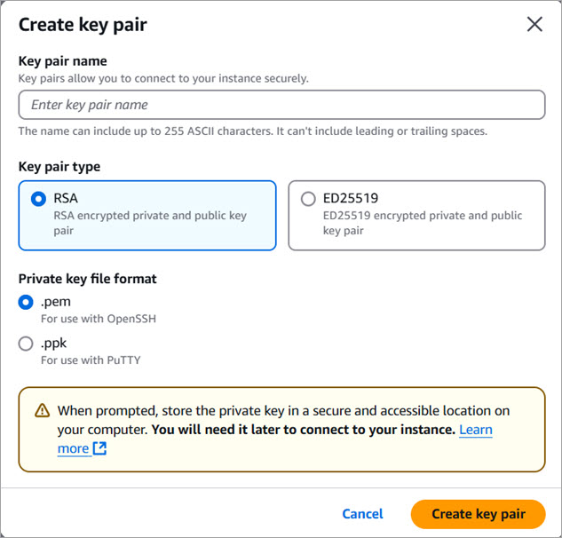 Screen shot of the Create key pair dialog box