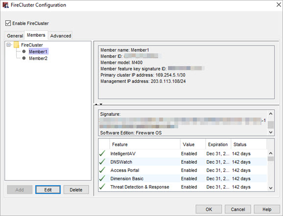 Screen shot of the FireCluster Configuration dialog box — Members tab 