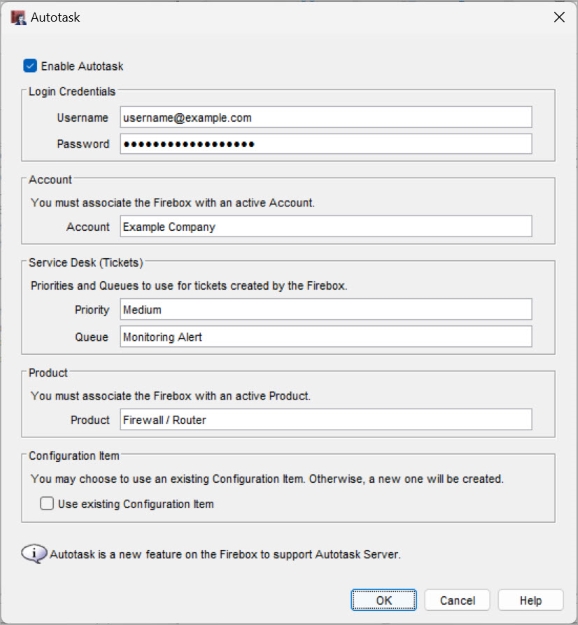 Screen shot of Autotask setup dialog box