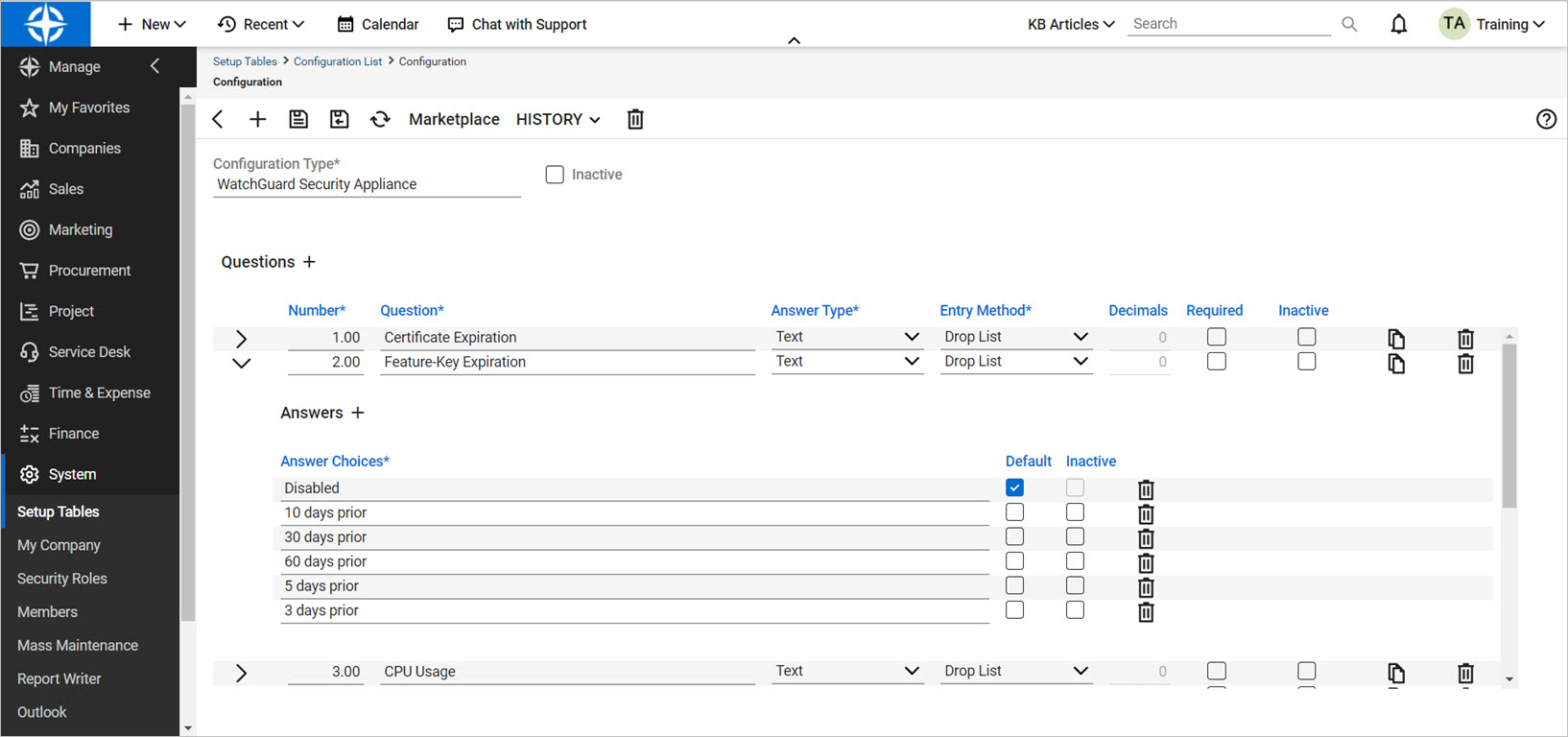 Screen shot of editing Configuration Question answers in ConnectWise