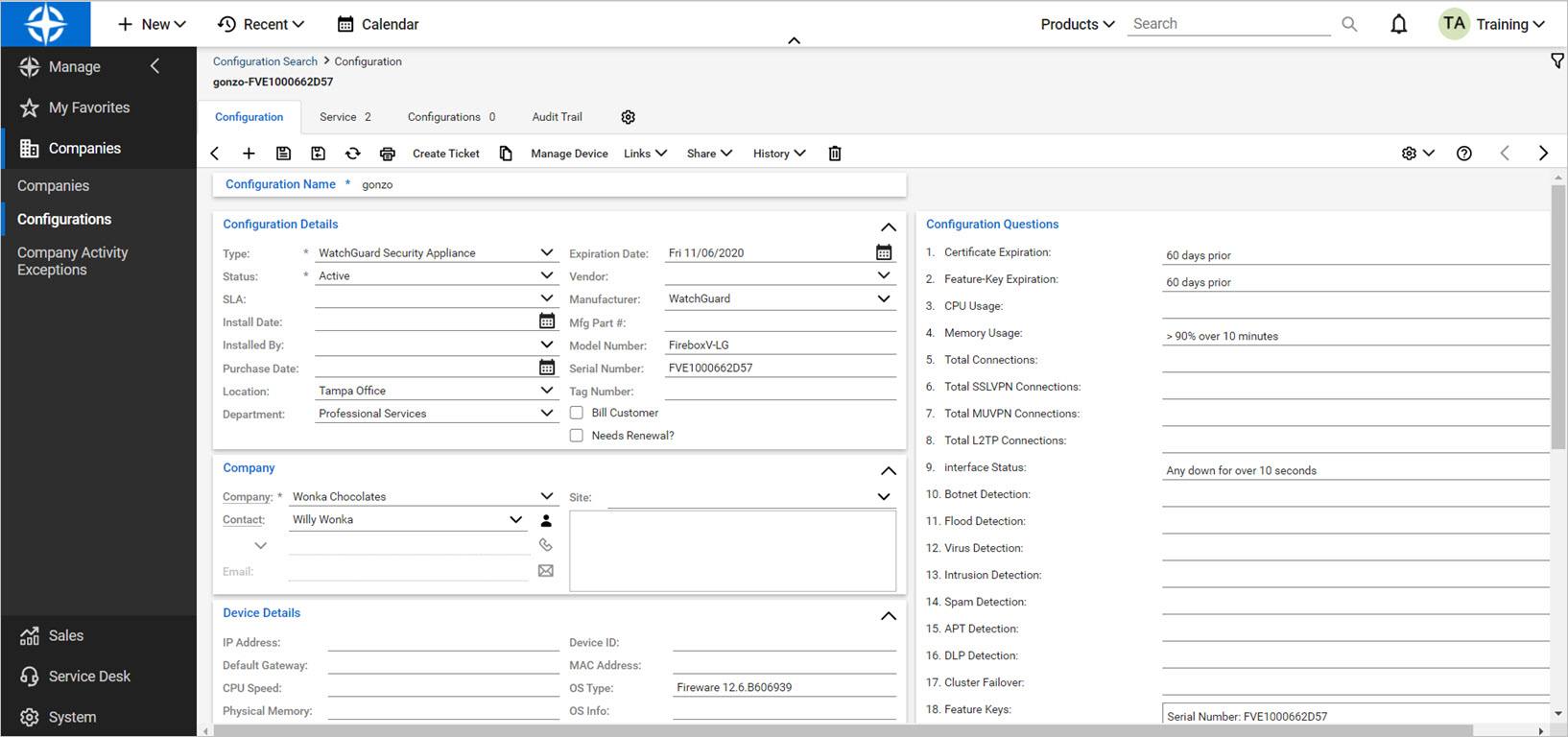 Screen shot of ConnectWise device configuration questions