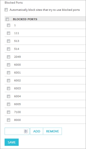 Screen shot of the Blocked Ports dialog box