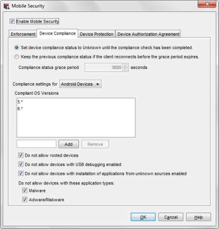 Screen shot of the Device Compliance tab with the compliance settings for Android Devices