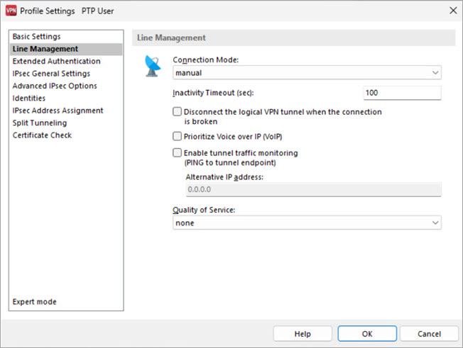 Screen shot of the Profile Settings dialog box, Line Management settings