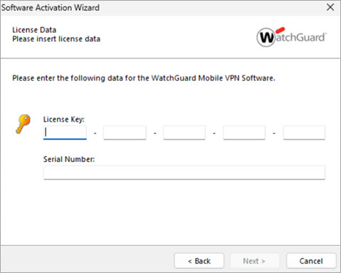 Screen shot of the Software Activation Wizard, License Data step