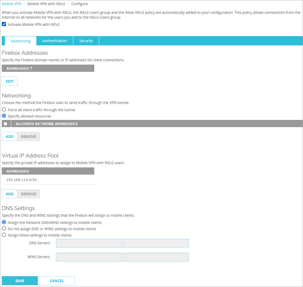 Screen shot of the Mobile VPN with IKEv2 configuration page