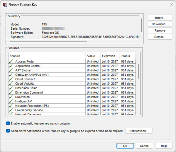 Firebox Feature Key dialog box showing VPN features