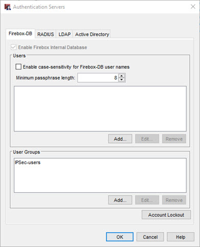 Screen shot of the Authentication Servers, Firebox tab with IPSec-Clients group