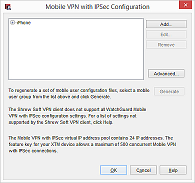 Screen shot of the Mobile VPN with IPSec Configuration dialog box