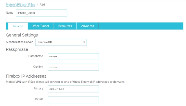 Screen shot of the Mobile VPn with IPSec Settings, General tab