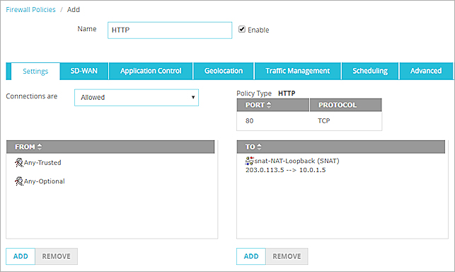 Sscreen shot of the Policy Configuration page