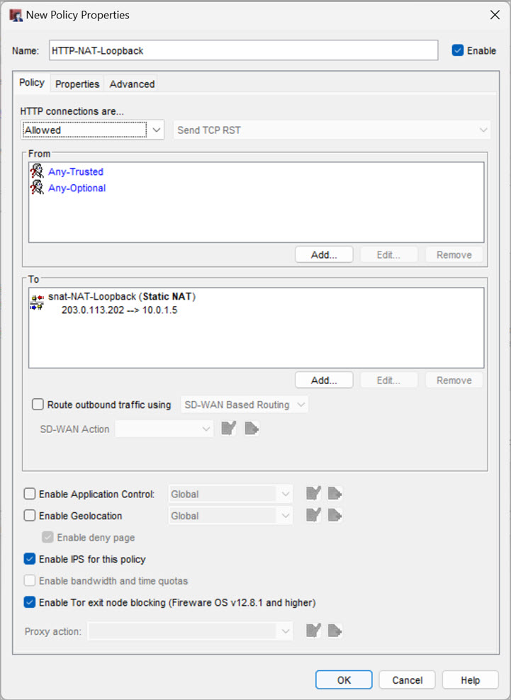 Screen shot of the Policy properties dialog box