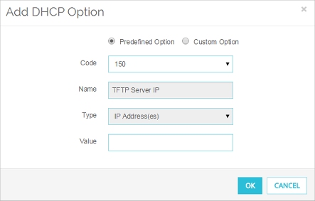 Screen shot of the Add DHCP Option dialog box for a Predefined Option