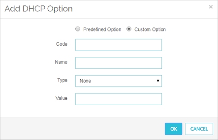 Screen shot of the Add DHCP Option dialog box for a Custom Option