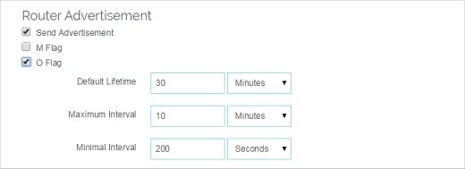 Screen shot of the Router Advertisement settings in the IPv6 tab of the Web UI