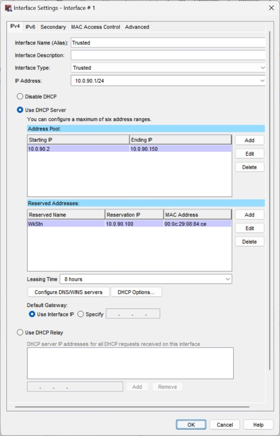 Screen shot of the DHCP Server interface settings