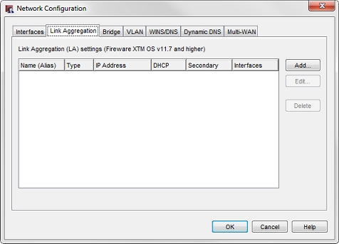 Screen shot of the Network Configuration dialog box, Link Aggregation tab.