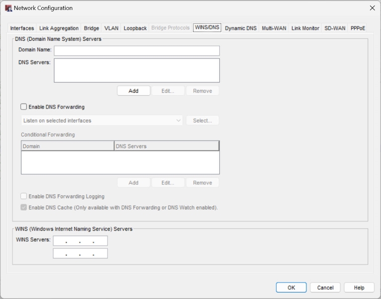 Screen shot of the Network Configuration dialog box WINS/DNS tab