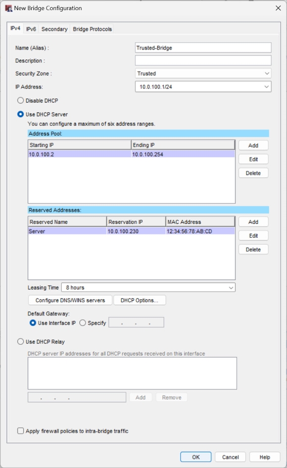 New Bridge Configuration dialog box