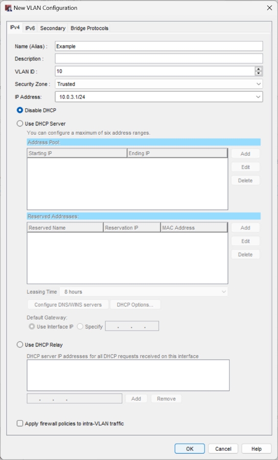 Screen shot of New VLAN Configuration dialog box