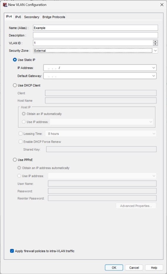 Screen shot of the New VLAN Configuration dialog box