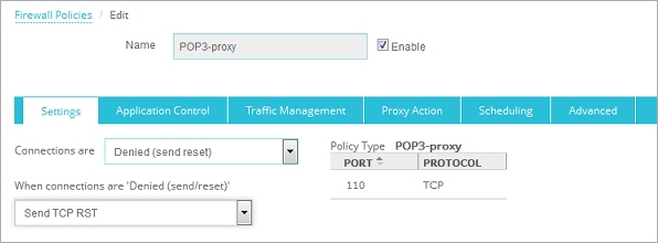 Policy action drop-down list and deny response drop-down list