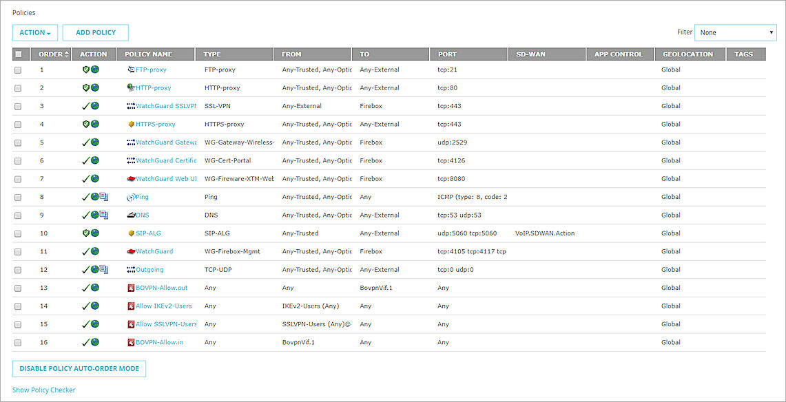 Screenshot of the Fireware Web UI Policies page