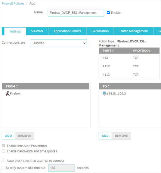 Screen shot of a policy for Firebox-generated traffic
