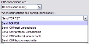 Policy action drop-down list and deny response drop-down list