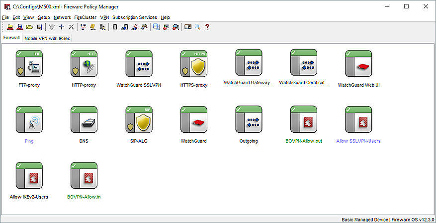 Screen shot of the Fireware Policy Manager Large Icons View