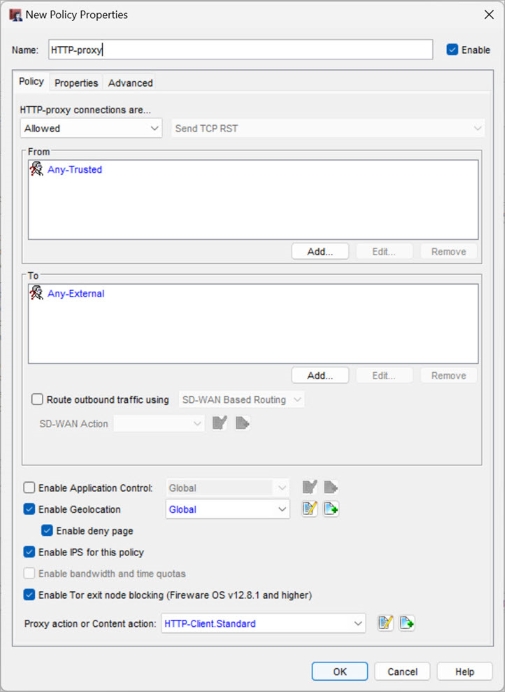 Screen shot of the New Policy Properties dialog box for the HTTP-proxy