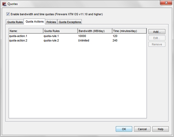 Quotas page - Quota Actions tab