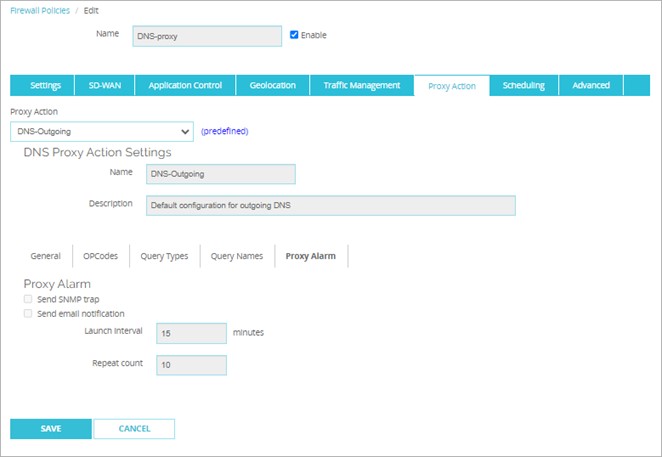 Screen shot of the Proxy Alarm settings in Fireware Web UI