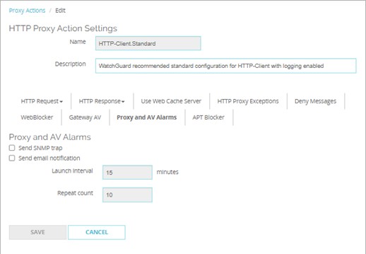 Screen shot of the Proxy and AV Alarms settings in Fireware Web UI