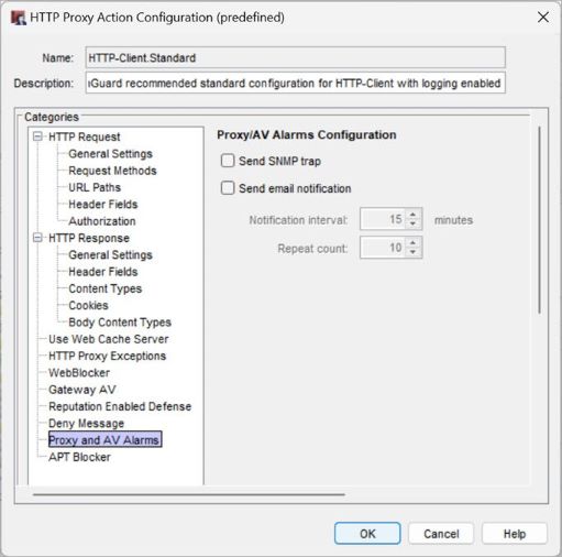 Screen shot of the Proxy and AV Alarms settings in the HTTP-Proxy in Policy Manager