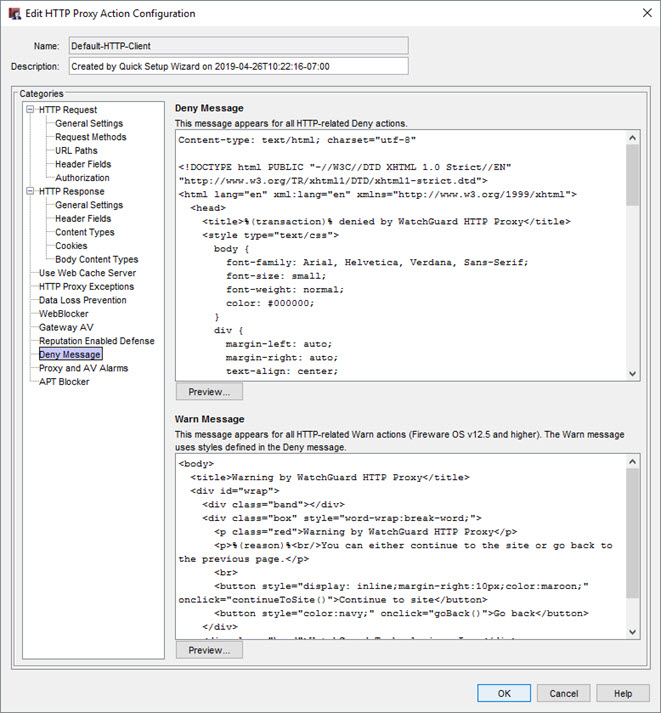 Screen shot of the HTTP Proxy Action Configuration dialog box, HTTP-Client Deny Message category