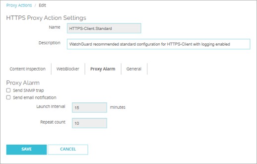 Screen shot of the HTTPS-Client Edit Proxy Action page, Proxy Alarm category