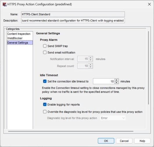 Screenshot of the HTTPS Proxy Action Configuration dialog box, General Settings page in Policy Manager