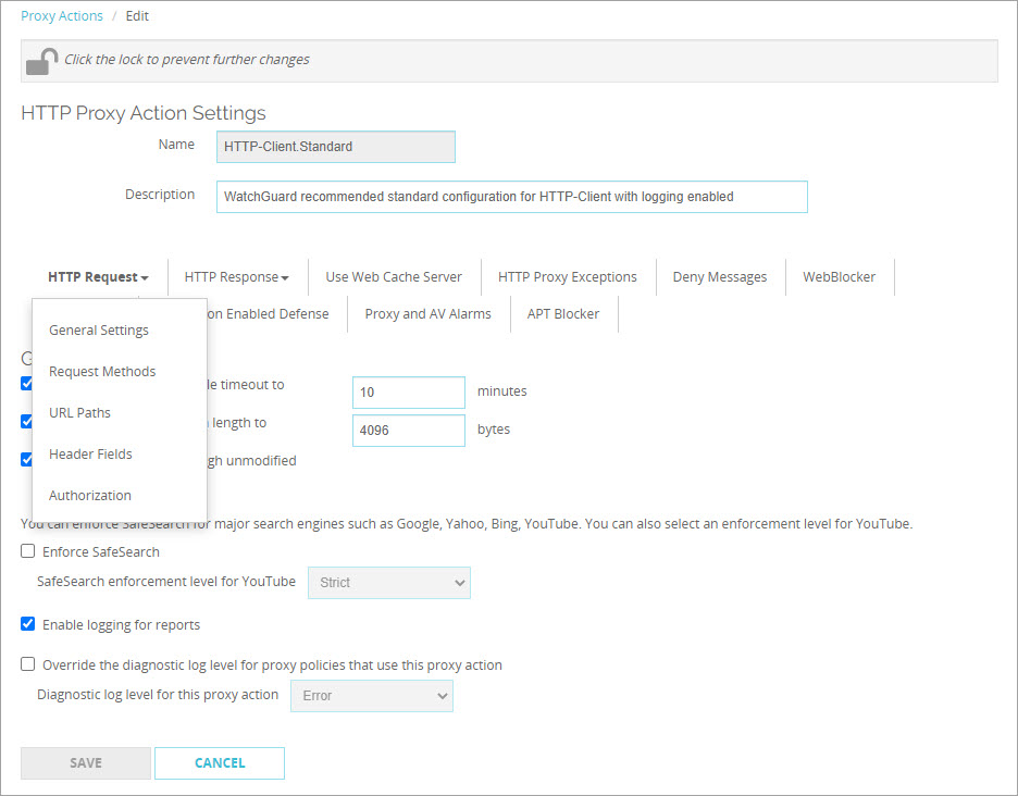 Screen shot of the Edit Proxy Action HTTP Request settings for the HTTP-Client proxy action