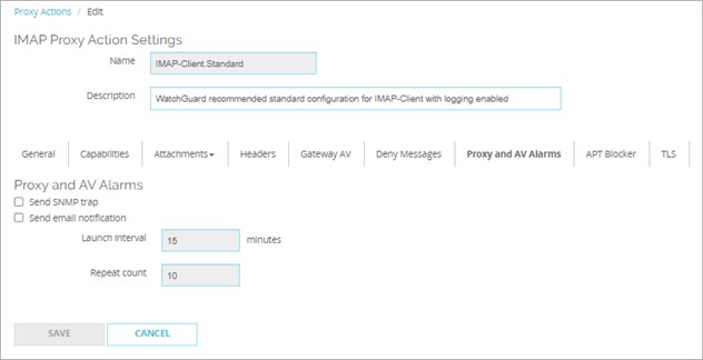 Screen shot of the Proxy and AV Alarms settings for an IMAP proxy action in Fireware Web UI