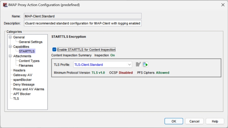 Screen shot of the IMAP Proxy Action Configuration dialog box, STARTTLS page