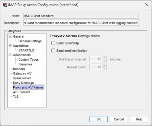 Screen shot of the Proxy and AV Alarms settings for an IMAP proxy action in Policy Manager