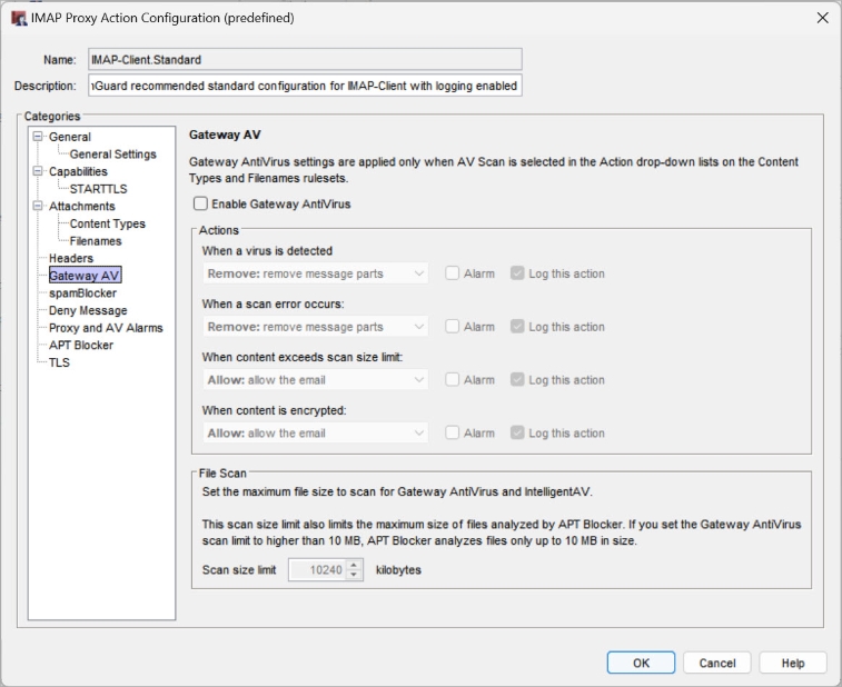 Screen shot of the Gateway AV settings in an IMAP proxy action in Policy Manager