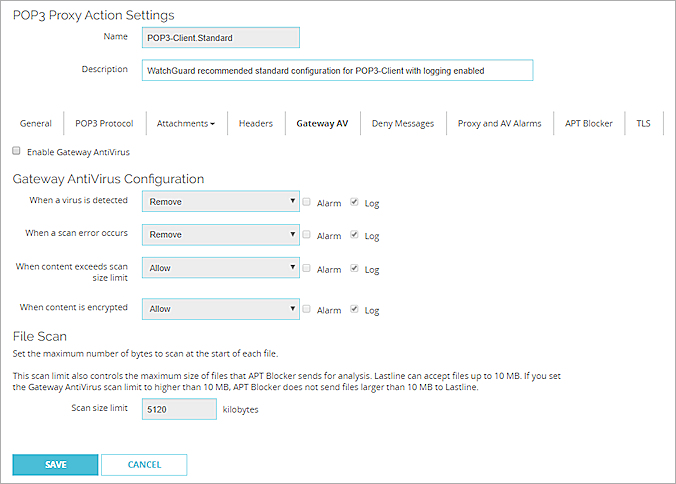 Screen shot of the proxy action settings for Gateway AV in a POP3 proxy action in Fireware Web UI